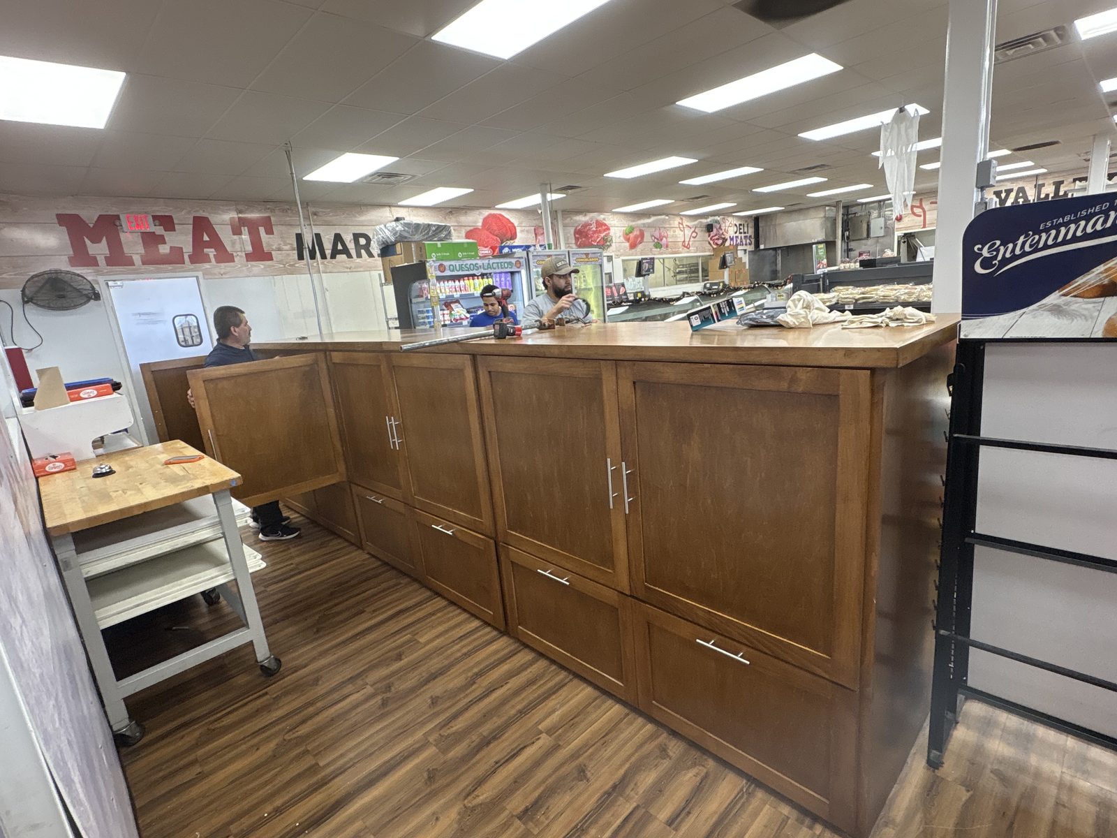 Wood meat-market counter in a grocery store
