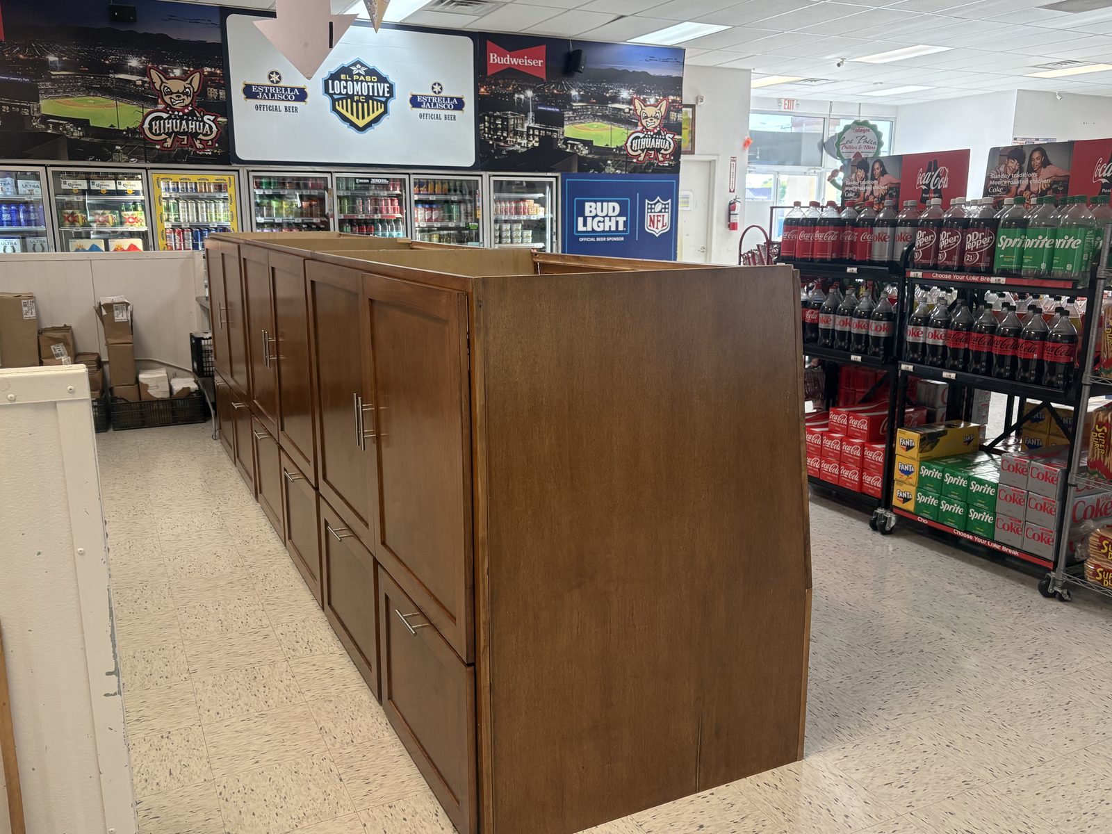 Wood store counter in a grocery store